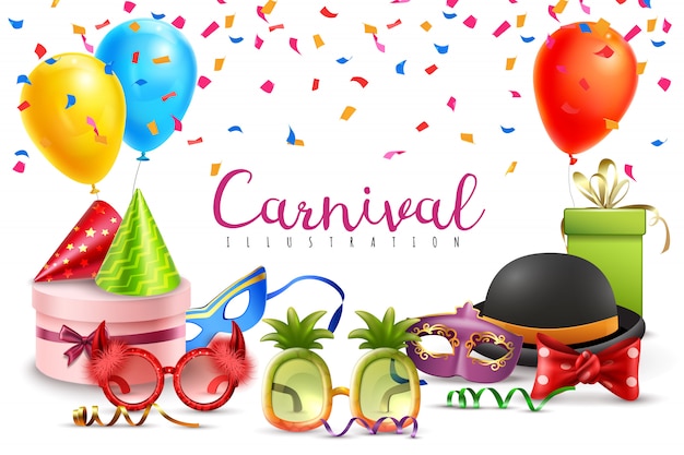 Kostenloser Vektor karneval maskerade party hüte luftballons konfetti lustige farbige und geformte gläser