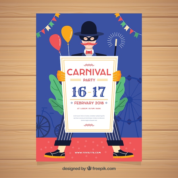 Kostenloser Vektor karnevalspartyplakat mit mann in der flachen art
