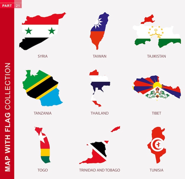 Karte mit flaggensammlung, neun kartenkontur mit flagge von syrien, taiwan, tadschikistan, tansania, thailand, tibet, togo, tonga, trinidad und tobago, tunesien