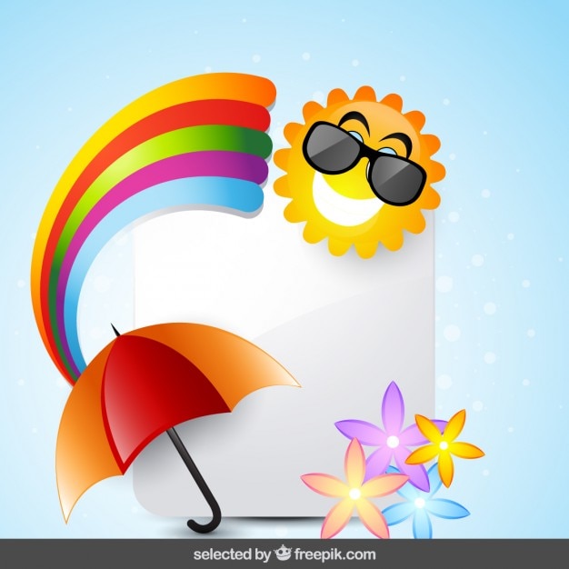 Kostenlose Vektor karte mit sonne, regenbogen, regenschirm und blumen