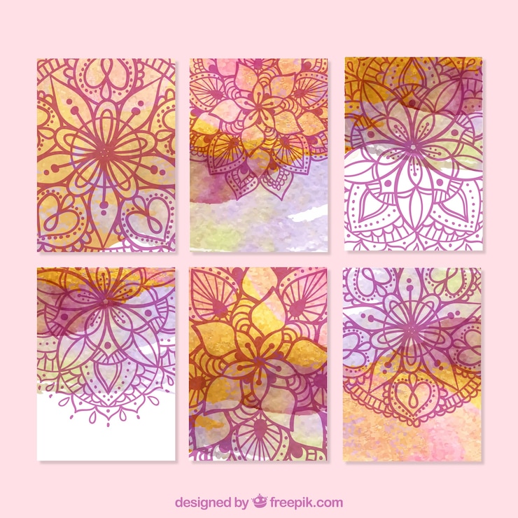 Kostenlose Vektor kartensammlung mit aquarell-mandala-design