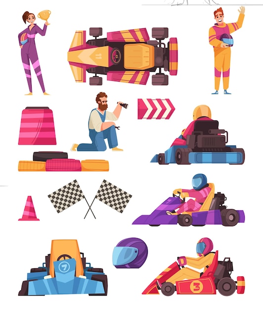 Kostenloser Vektor karting-cartoon-symbole mit rennwagen und zubehör isolierte vektorillustration