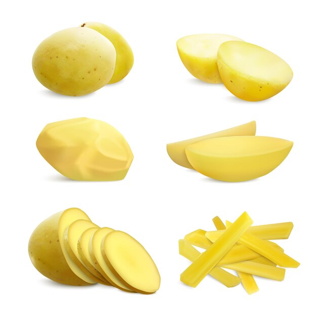 Kartoffeln setzen realistische Kompositionen mit isolierten Bildern ganzer reifer Kartoffeln, die auf unterschiedliche Weise geschnitten werden, Vektorillustration