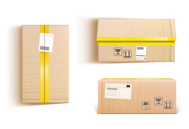 Kartons 3D-Vektormockup Fracht- oder Paketpakete von oben Vorder- und Seitenansicht mit Klebeband und Papieretiketten Realistische offene oder geschlossene Kartonverpackung für isolierte Warenpackungen für den Frachtversand