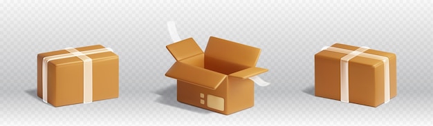 Kostenloser Vektor kartons für die lieferung oder lagerung von produkten. 3d-rendervektorillustration von kartonverpackungen für den versand per post. geschlossenes und offenes paket aus braunem papier mit transparentem klebeband