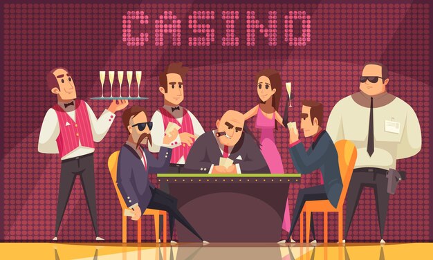 Kasinoinnenzusammensetzung mit Ansicht des Spielraums mit menschlichen Charakteren des Gamerkellnerbankers