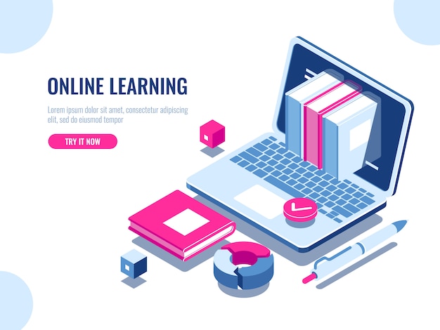Katalog der Online-Kurse isometrische Ikone, Online-Bildung, Internet-Lernen