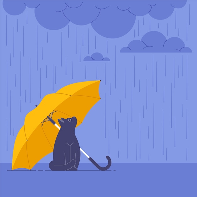 Katze des flachen designs unter regenschirmhintergrund