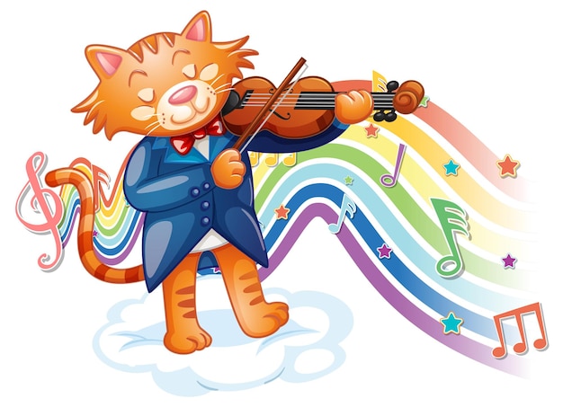 Katze spielt geige mit melodiesymbolen auf regenbogenwelle