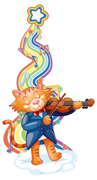 Kostenloser Vektor katze spielt geige mit melodiesymbolen auf regenbogenwelle