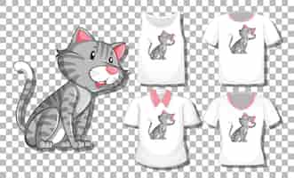 Kostenloser Vektor katzenkarikaturfigur mit satz verschiedener hemden lokalisiert auf transparentem hintergrund