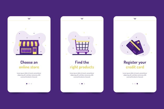 Kostenloser Vektor kauf online onboarding app bildschirme eingestellt