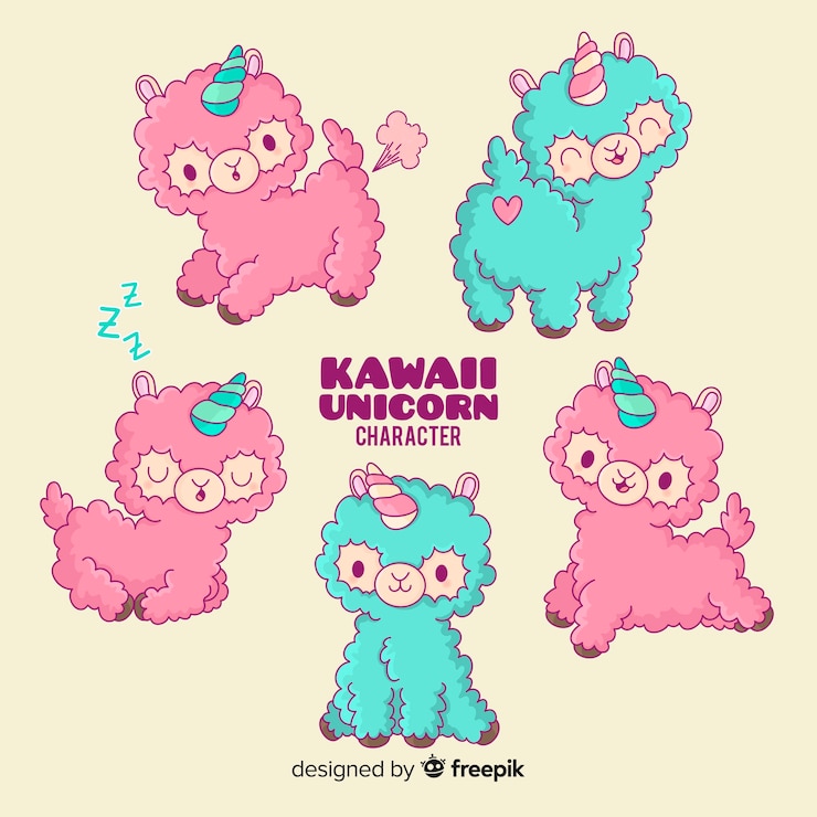 Kostenlose Vektor kawaii einhorn-charaktersammlung