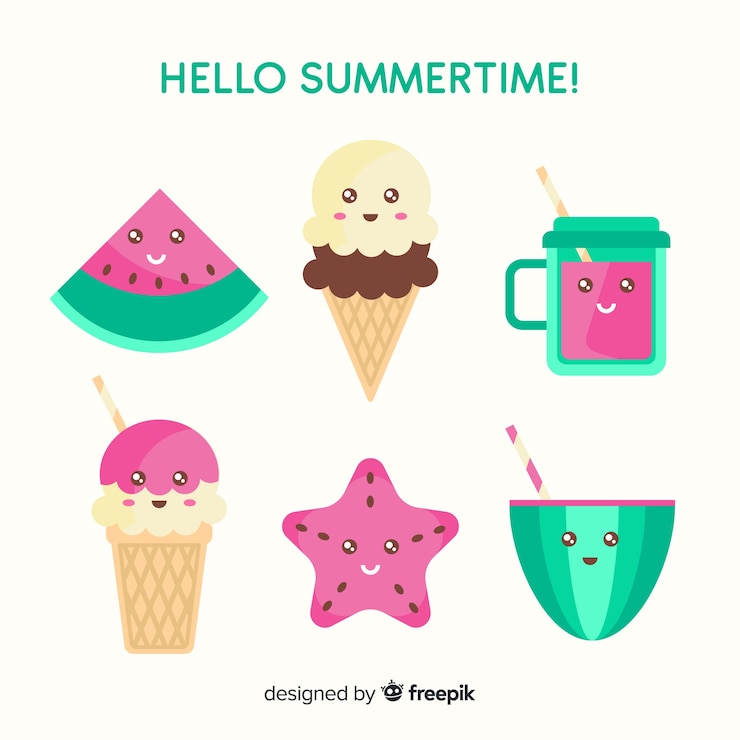 Kostenlose Vektor kawaii flache sommerelementekollektion