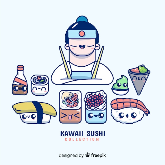 Kostenloser Vektor kawaii sushi-sammlung