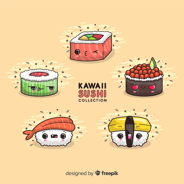 Kostenloser Vektor kawaii sushi-sammlung