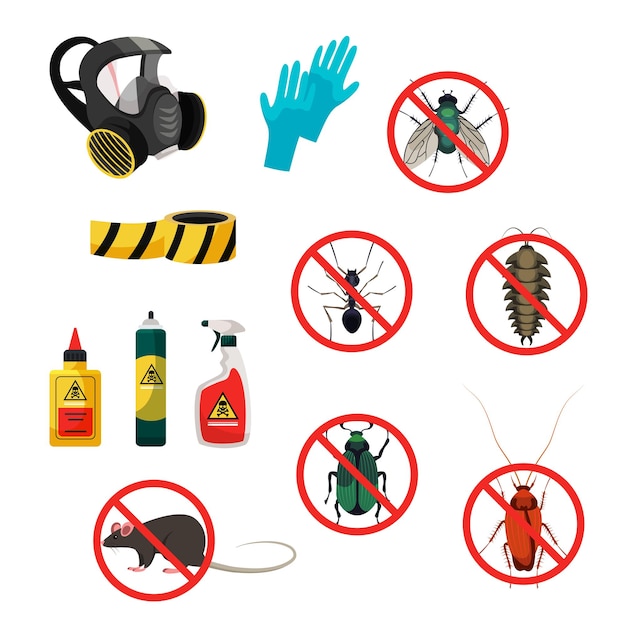 Kostenloser Vektor keine insektenschilder absperrband schutzuniform wie handschuhe atemschutzchemikalien in flaschen zur vernichtung und desinfektion set schädlingsbekämpfung und begasung