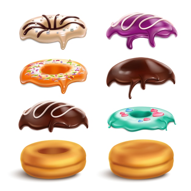 Kekse donuts kekse zuckerguss variationen konstruktor realistischen satz mit schokoladenglasur minze orange karamell glasur vektor-illustration