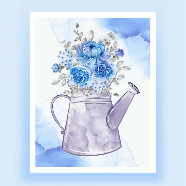 Kessel mit blumensträußen blaue aquarellillustration