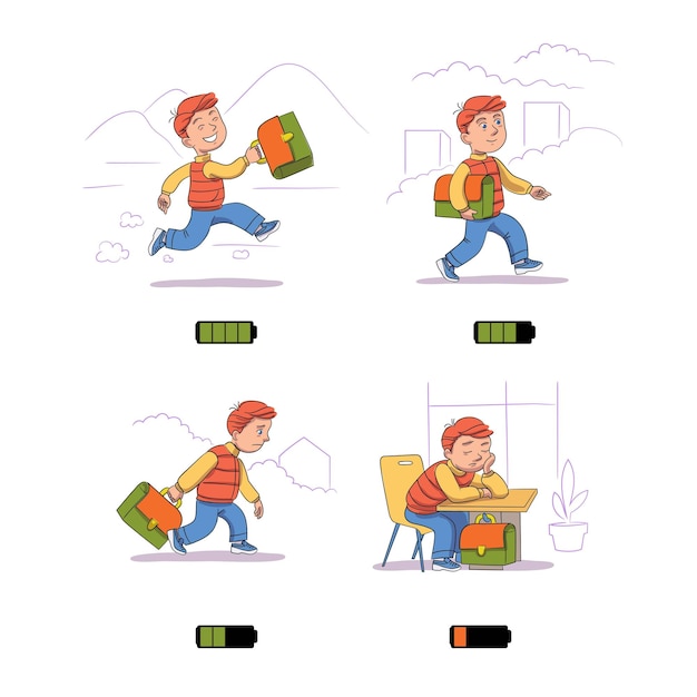 Kostenloser Vektor kid and life energy battery concept junge verliert energieladung während des tages glücklicher schuljunge mit rucksack geht zur schule müdes kind, das in der klasse schläft und am schreibtisch sitzt