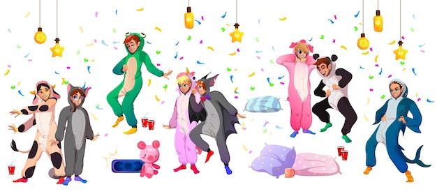 Kigurumi-pyjama-party-jugend in tierkostümen