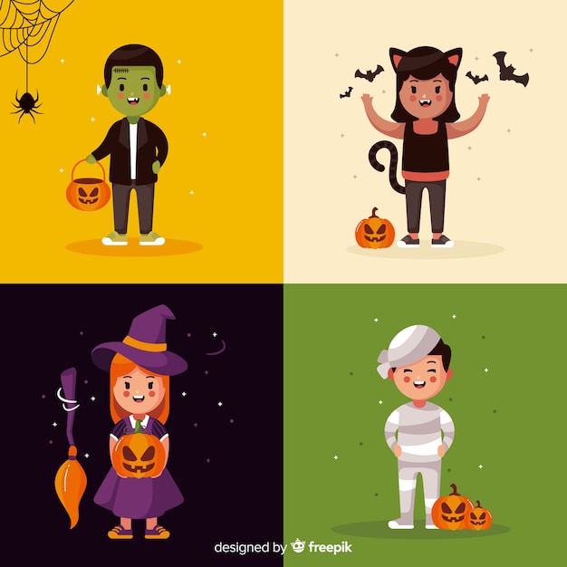 Kinder als halloween-kreaturen-kartensammlung verkleidet
