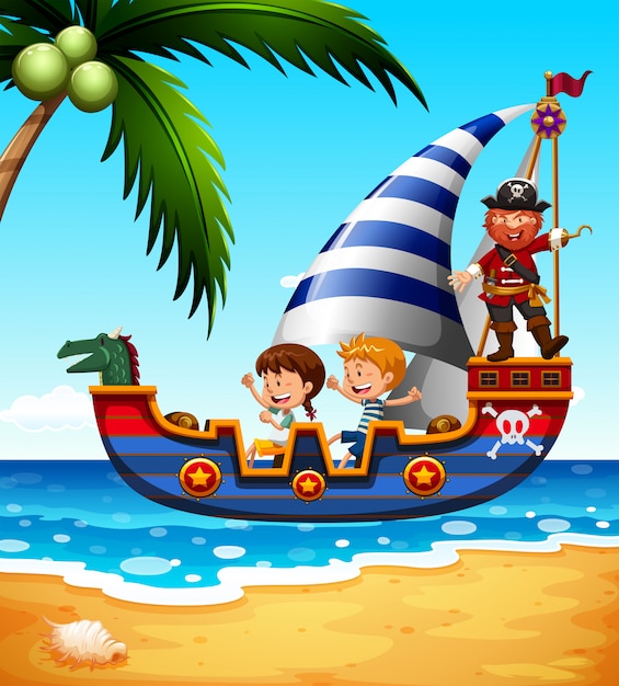 Kinder auf dem Schiff mit Pirat