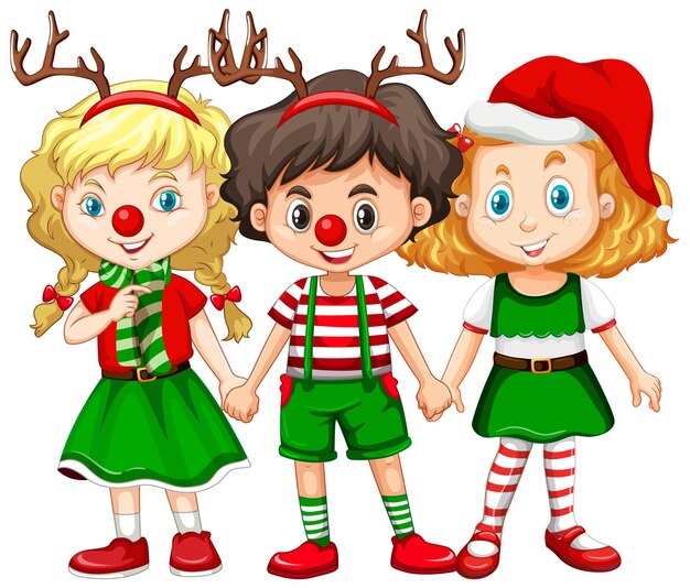 Kinder, die Rentierstirnband und Weihnachtskostüm der roten Nase tragen
