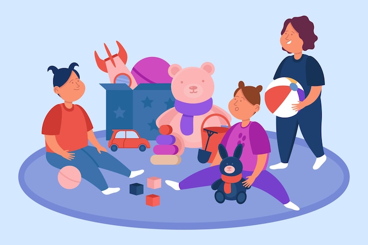 Kostenlose Vektor kinder im vorschulalter spielen mit spielzeug im kindergarten. spielzeit im klassenzimmer mit kindern, die ball und plüschhäschen halten, sitzen in der nähe von teddybären, autoflachillustration
