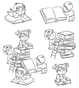 Kinder lesen bücher in der bibliothek. malbuch. vektor-illustration. isoliert auf weißem hintergrund