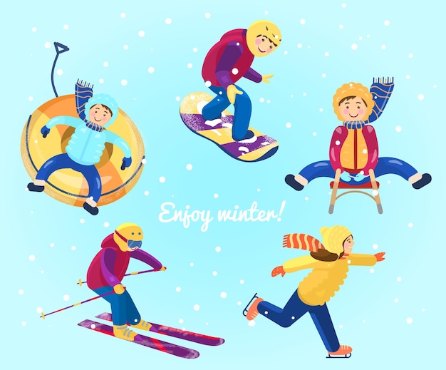 Kinder machen verschiedene wintersportarten snowtubing snowboarden skifahren eislaufen rodeln