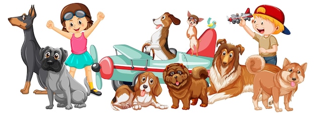Kostenloser Vektor kinder mit ihren hunden im cartoon-stil