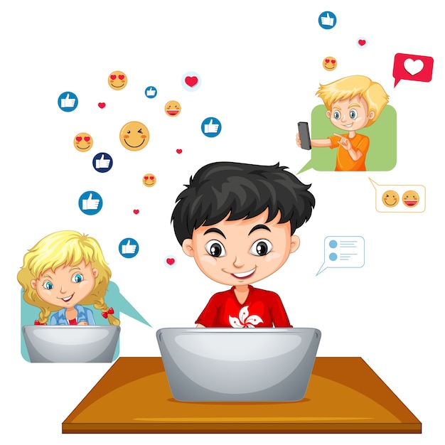 Kinder mit sozialen Medienelementen auf weißem Hintergrund