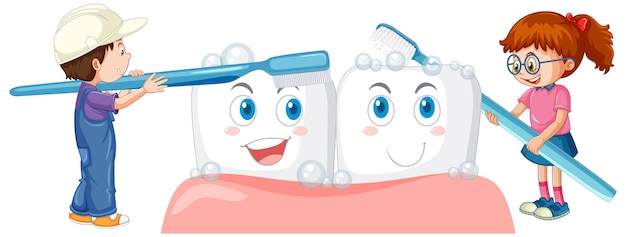 Kinder putzen große Zähne mit einer Zahnbürste auf weißem Hintergrund