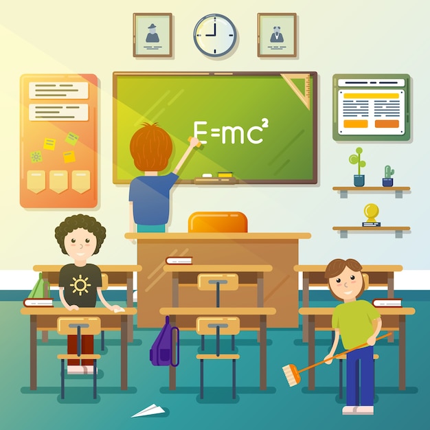 Kostenloser Vektor kinder putzen klassenzimmer. reinigungstafel, reinigungsklasse, reinigungstafel, junge fegen. vektorillustration