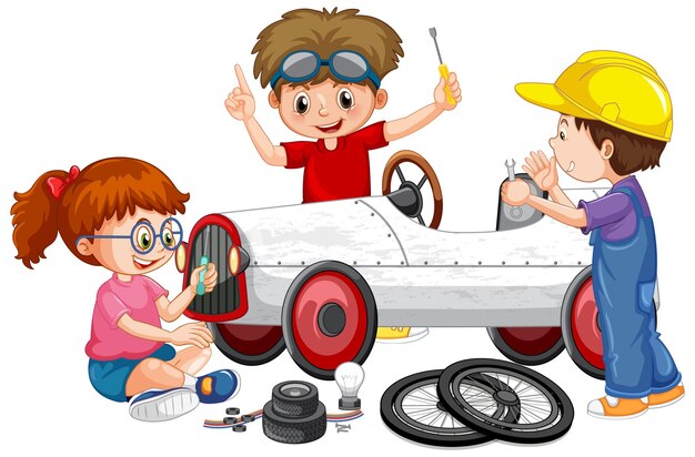 Kinder reparieren gemeinsam ein Auto