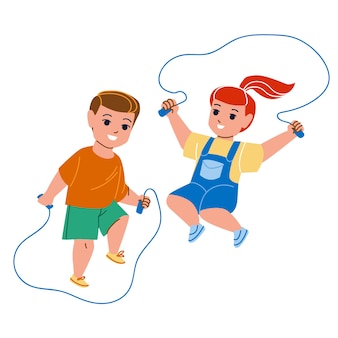 Kinder seilspringen zusammen vektor springen. kleine jungen und mädchen kinder springseil springen auf kindergarten spielplatz. charaktere training sport fitness aktivität flache cartoon illustration