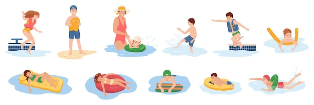 Kostenloser Vektor kinder sicherheit im wasser flache ikonen mit kindern mit rettungsweste aufblasbare matratze ring isolierte vektor-illustration