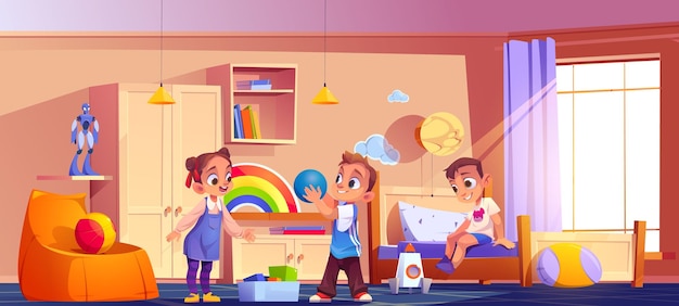 Kinder spielen im Zimmer Kinder zu Hause Interieur