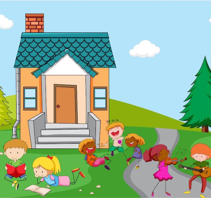Kostenlose Vektor kinder spielen vor dem haus