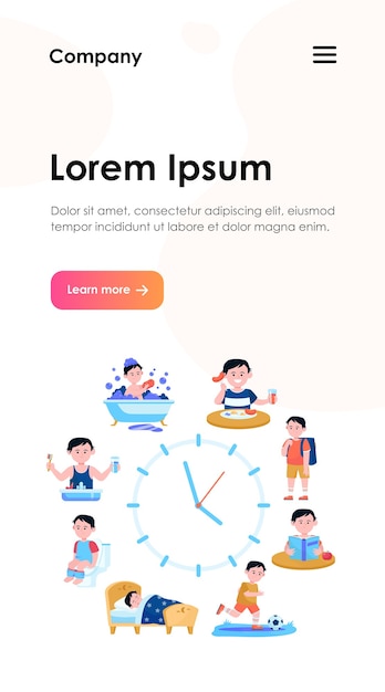 Kostenloser Vektor kinder tagesablauf uhren web-vorlage. cartoon-zeitplan des glücklichen jungenlebens vom frühstücken, von der schule zum schlafen gehen