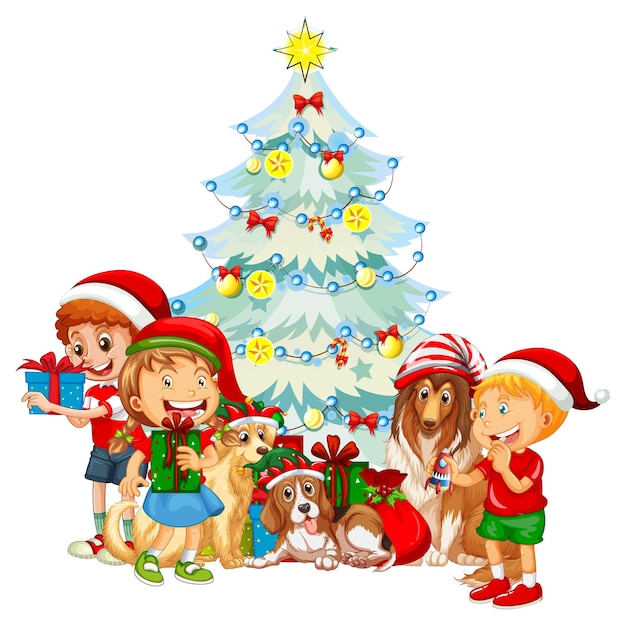 Kinder und Hunde im Weihnachtsthema