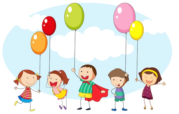 Kinder und viele bunte luftballons