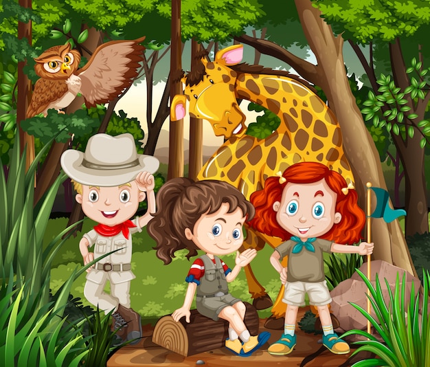 Kinder und wilde Tiere im Wald