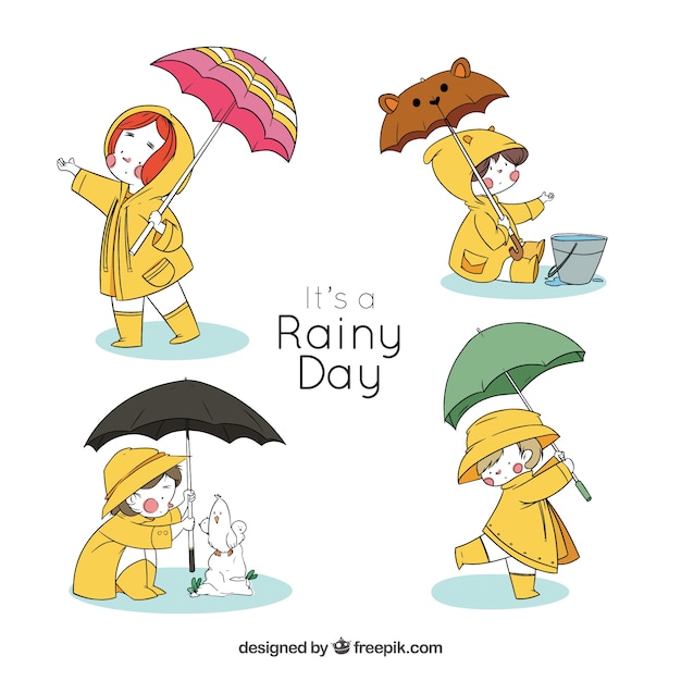 Kinder zeichen mit sonnenschirmen für einen regnerischen tag