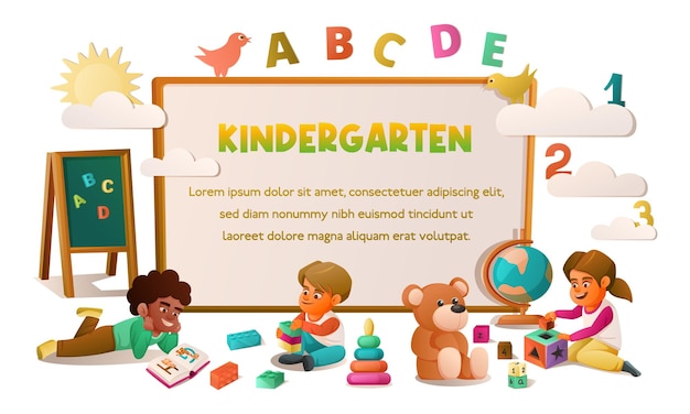 Kindergarten-cartoon-rahmen mit kleinen kindern, die zusammen mit spielzeug spielen und bücher lesen, vektorgrafik