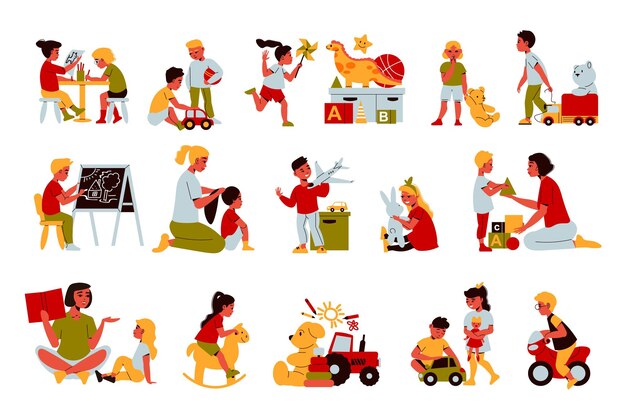 Kindergarten-set von isolierten symbolen mit spielzeug und charakteren von kindern, die mit dem lehrer üben, der spiele spielt, vektorillustration