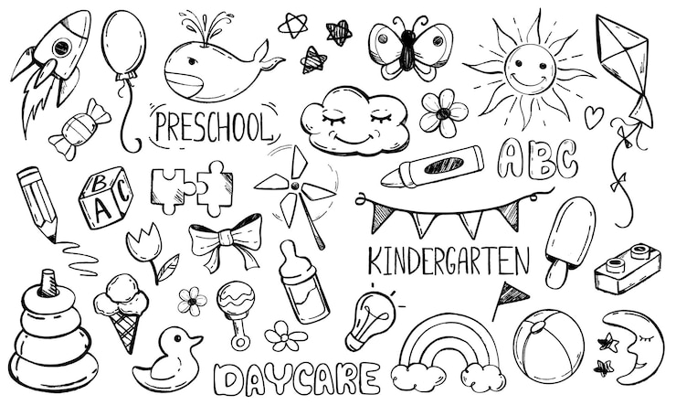 Kostenlose Vektor kindergarten- und vorschul-linien-kunst-ikonen