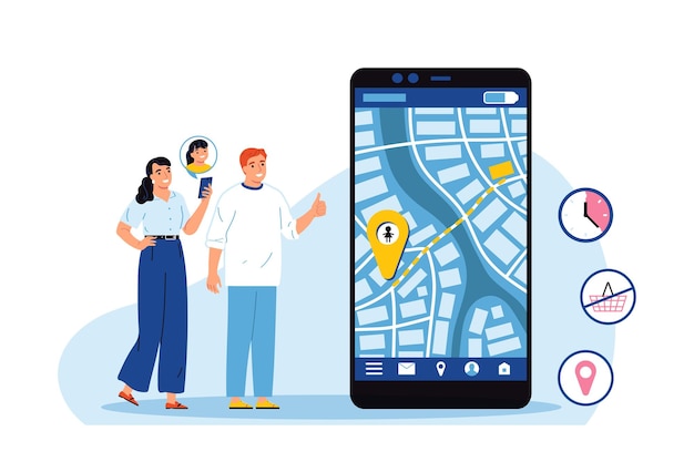 Kindersicherungskomposition mit charakteren im doodle-stil von eltern mit smartphone-standort-app und runder piktogramm-vektorillustration