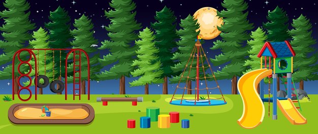 Kinderspielplatz im Park mit großem Mond im Himmel bei Nachtkarikaturstil